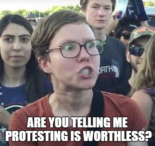 Triggered feminist | ARE YOU TELLING ME PROTESTING IS WORTHLESS? | image tagged in triggered feminist | made w/ Imgflip meme maker