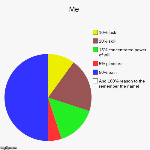 Me | Me | And 100% reason to the remember the name!, 50% pain, 5% pleasure, 15% concentrated power of will, 20% skill, 10% luck | image tagged in funny,pie charts,remember,the,name | made w/ Imgflip chart maker