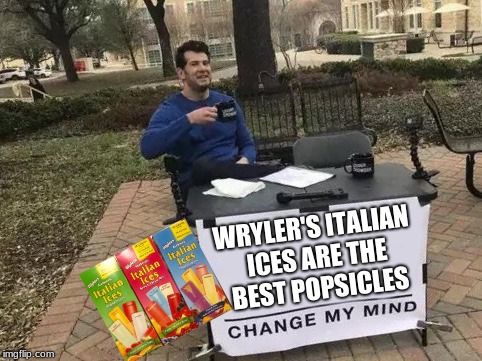THEY ARE THOUGH | WRYLER'S ITALIAN ICES ARE THE BEST POPSICLES | image tagged in change my mind | made w/ Imgflip meme maker