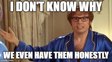 Austin Powers Honestly Meme | I DON'T KNOW WHY WE EVEN HAVE THEM HONESTLY | image tagged in memes,austin powers honestly | made w/ Imgflip meme maker