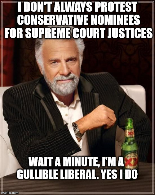 The Most Interesting Man In The World Meme | I DON'T ALWAYS PROTEST CONSERVATIVE NOMINEES FOR SUPREME COURT JUSTICES; WAIT A MINUTE, I'M A GULLIBLE LIBERAL. YES I DO | image tagged in memes,the most interesting man in the world | made w/ Imgflip meme maker
