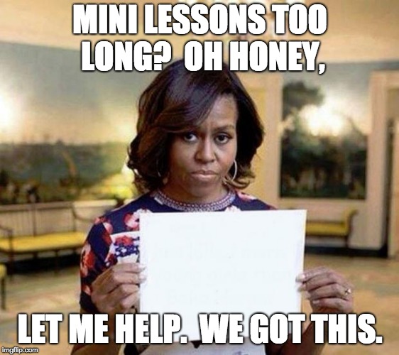 Michelle Obama blank sheet | MINI LESSONS TOO LONG?  OH HONEY, LET ME HELP.  WE GOT THIS. | image tagged in michelle obama blank sheet | made w/ Imgflip meme maker
