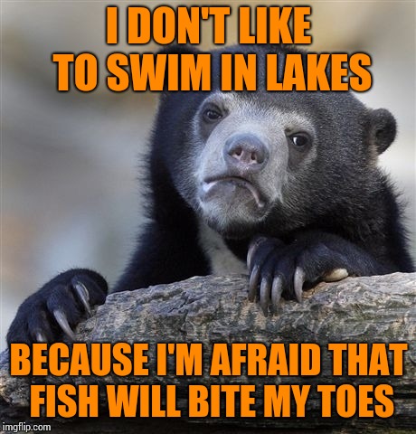 Confession Bear Meme | I DON'T LIKE TO SWIM IN LAKES; BECAUSE I'M AFRAID THAT FISH WILL BITE MY TOES | image tagged in memes,confession bear | made w/ Imgflip meme maker