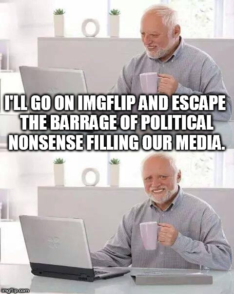 Hot Dog! | I'LL GO ON IMGFLIP AND ESCAPE THE BARRAGE OF POLITICAL NONSENSE FILLING OUR MEDIA. | image tagged in memes,hide the pain harold,political meme,trump | made w/ Imgflip meme maker