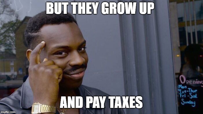 Roll Safe Think About It Meme | BUT THEY GROW UP AND PAY TAXES | image tagged in memes,roll safe think about it | made w/ Imgflip meme maker