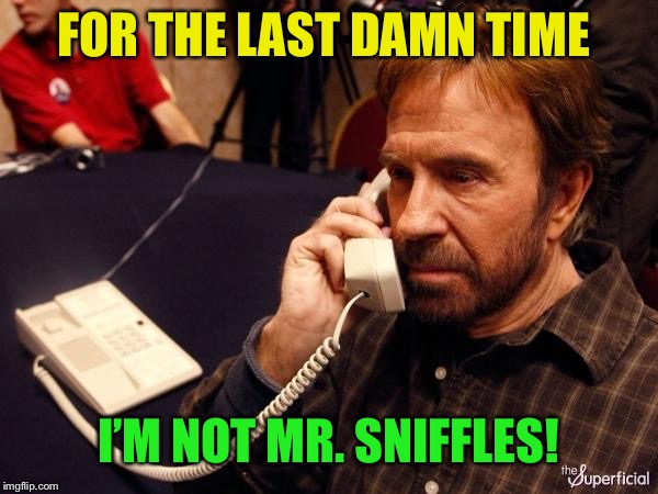 Chuck Norris Phone Meme | FOR THE LAST DAMN TIME I’M NOT MR. SNIFFLES! | image tagged in memes,chuck norris phone,chuck norris | made w/ Imgflip meme maker