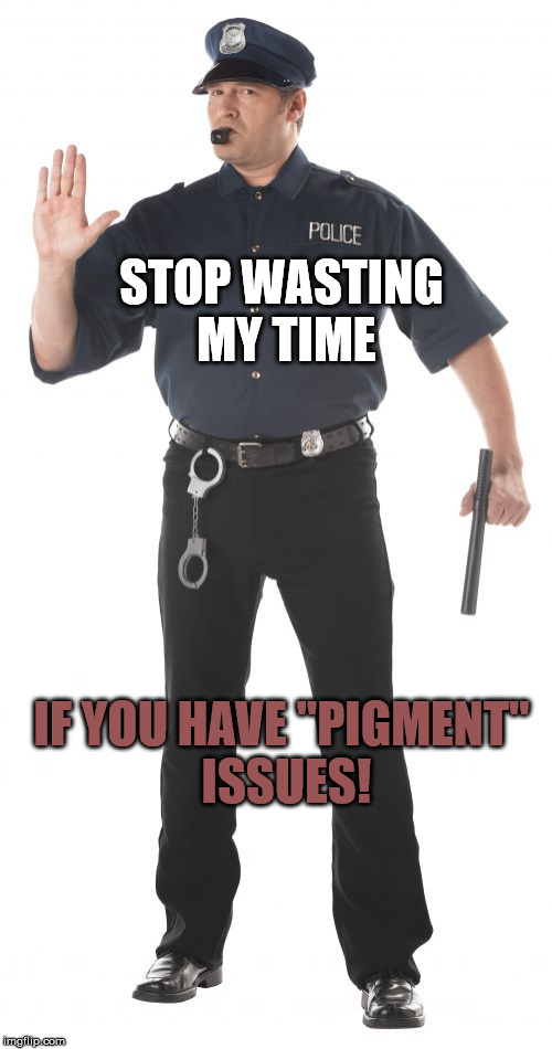 Stop Cop | STOP WASTING MY TIME; IF YOU HAVE "PIGMENT" ISSUES! | image tagged in memes,stop cop | made w/ Imgflip meme maker