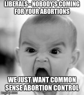 Angry Baby Meme | LIBERALS - NOBODY'S COMING FOR YOUR ABORTIONS; WE JUST WANT COMMON SENSE ABORTION CONTROL | image tagged in memes,angry baby | made w/ Imgflip meme maker