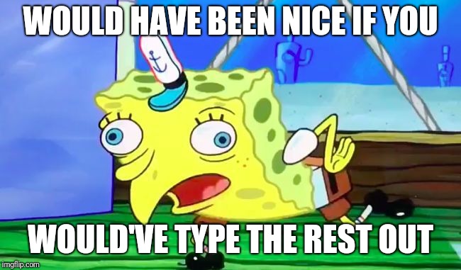 mOCkiNg sPonGEbOb | WOULD HAVE BEEN NICE IF YOU; WOULD'VE TYPE THE REST OUT | image tagged in mocking spongebob | made w/ Imgflip meme maker