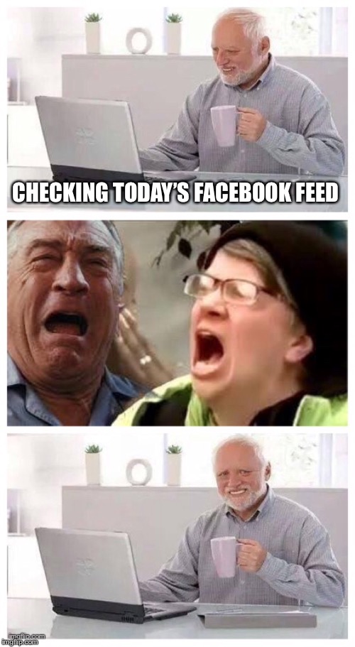 Good Morning... | CHECKING TODAY’S FACEBOOK FEED | image tagged in hide the pain harold,facebook,liberals | made w/ Imgflip meme maker