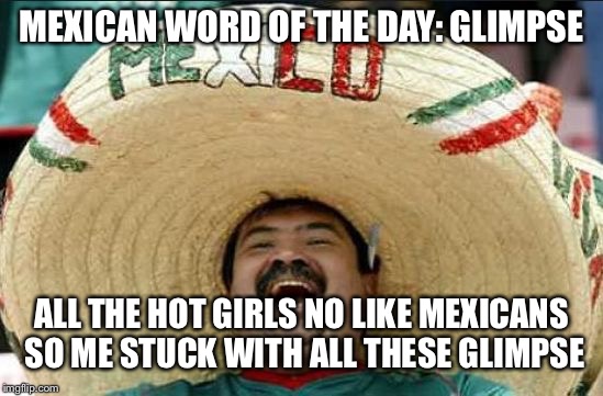 mexican word of the day | MEXICAN WORD OF THE DAY: GLIMPSE; ALL THE HOT GIRLS NO LIKE MEXICANS SO ME STUCK WITH ALL THESE GLIMPSE | image tagged in mexican word of the day | made w/ Imgflip meme maker