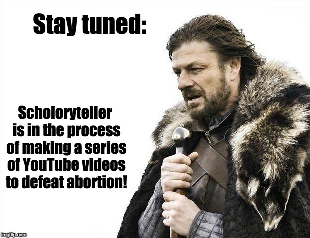 Brace Yourselves X is Coming Meme | Stay tuned: Scholoryteller is in the process of making a series of YouTube videos to defeat abortion! | image tagged in memes,brace yourselves x is coming | made w/ Imgflip meme maker