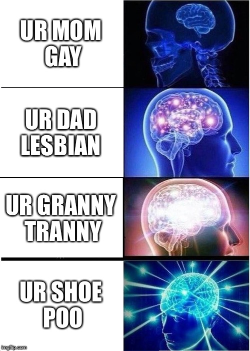 The World's Best Insults | UR MOM GAY; UR DAD LESBIAN; UR GRANNY TRANNY; UR SHOE POO | image tagged in memes,expanding brain,ur mom gay,ur dad lesbian,insults,shoes | made w/ Imgflip meme maker