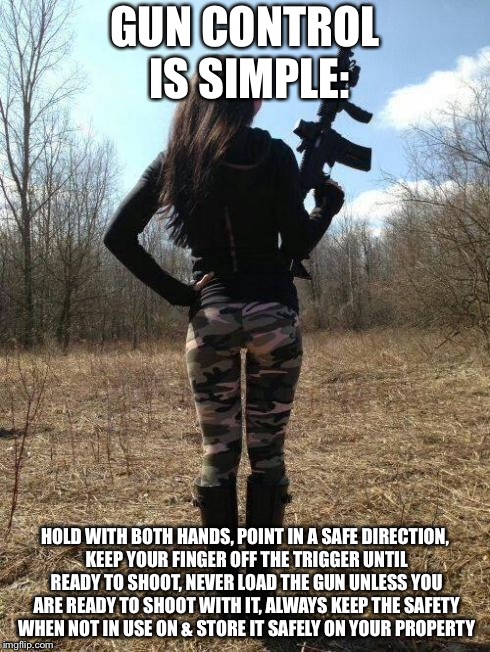 (Real) gun control |  GUN CONTROL IS SIMPLE:; HOLD WITH BOTH HANDS, POINT IN A SAFE DIRECTION, KEEP YOUR FINGER OFF THE TRIGGER UNTIL READY TO SHOOT, NEVER LOAD THE GUN UNLESS YOU ARE READY TO SHOOT WITH IT, ALWAYS KEEP THE SAFETY WHEN NOT IN USE ON & STORE IT SAFELY ON YOUR PROPERTY | image tagged in hot ass-ault riflewoman | made w/ Imgflip meme maker