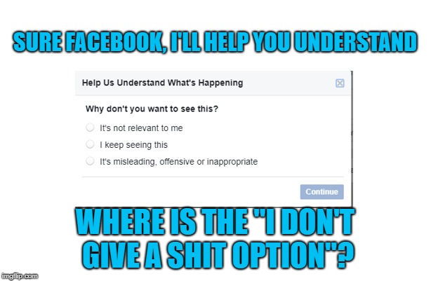 Facebook Ads... | SURE FACEBOOK, I'LL HELP YOU UNDERSTAND; WHERE IS THE "I DON'T GIVE A SHIT OPTION"? | image tagged in facebook,spam,ads | made w/ Imgflip meme maker