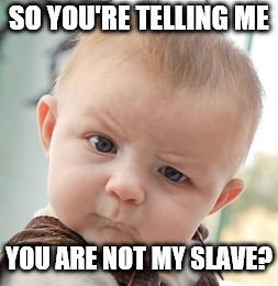 Skeptical Baby | SO YOU'RE TELLING ME; YOU ARE NOT MY SLAVE? | image tagged in memes,skeptical baby | made w/ Imgflip meme maker
