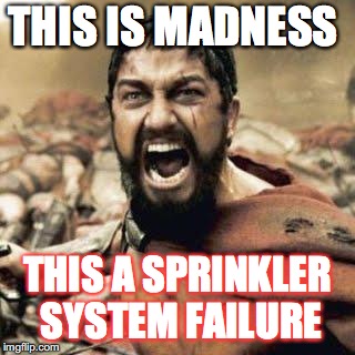 THIS IS SPARTA!!!! | THIS IS MADNESS; THIS A SPRINKLER SYSTEM FAILURE | image tagged in this is sparta | made w/ Imgflip meme maker