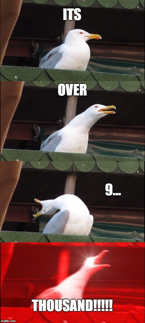 Inhaling Seagull | ITS; OVER; 9... THOUSAND!!!!! | image tagged in memes,inhaling seagull | made w/ Imgflip meme maker