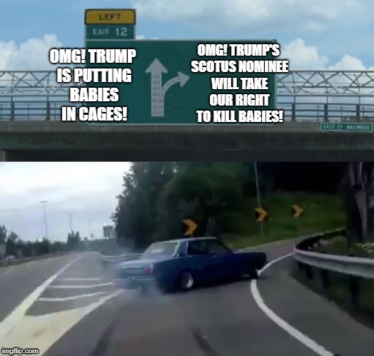Leftist Exit | OMG! TRUMP'S SCOTUS NOMINEE WILL TAKE OUR RIGHT TO KILL BABIES! OMG! TRUMP IS PUTTING BABIES IN CAGES! | image tagged in memes,left exit 12 off ramp,scotus,donald trump approves | made w/ Imgflip meme maker