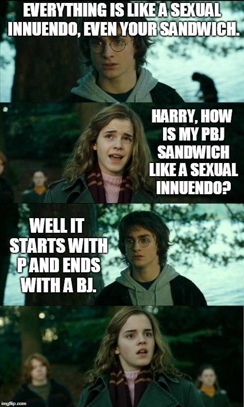 IN U END O | EVERYTHING IS LIKE A SEXUAL INNUENDO, EVEN YOUR SANDWICH. HARRY, HOW IS MY PBJ SANDWICH LIKE A SEXUAL INNUENDO? WELL IT STARTS WITH P AND ENDS WITH A BJ. | image tagged in comic,horny harry,harry potter,harry potter meme,meme,sexual | made w/ Imgflip meme maker