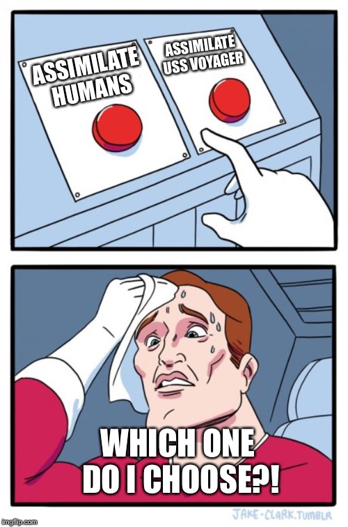 Two fricken buttons?! Which one do I press? | ASSIMILATE USS VOYAGER; ASSIMILATE HUMANS; WHICH ONE DO I CHOOSE?! | image tagged in memes,two buttons | made w/ Imgflip meme maker