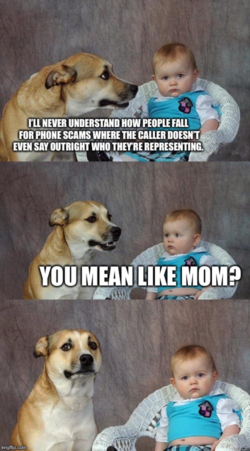 Dad Joke Dog Meme | I’LL NEVER UNDERSTAND HOW PEOPLE FALL FOR PHONE SCAMS WHERE THE CALLER DOESN’T EVEN SAY OUTRIGHT WHO THEY’RE REPRESENTING. YOU MEAN LIKE MOM? | image tagged in memes,dad joke dog | made w/ Imgflip meme maker