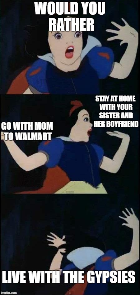 *Yeesh!*  | WOULD YOU RATHER; STAY AT HOME WITH YOUR SISTER AND HER BOYFRIEND; GO WITH MOM TO WALMART; LIVE WITH THE GYPSIES | image tagged in snow white,boyfriend,walmart,family life,family,siblings | made w/ Imgflip meme maker