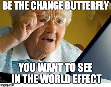 old lady at computer | BE THE CHANGE BUTTERFLY; YOU WANT TO SEE IN THE WORLD EFFECT | image tagged in old lady at computer | made w/ Imgflip meme maker