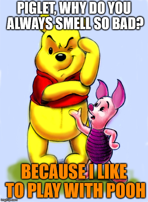 You do smell like what you play with. Cute, funny and disgusting all in one. | PIGLET, WHY DO YOU ALWAYS SMELL SO BAD? BECAUSE I LIKE TO PLAY WITH POOH | image tagged in memes,pooh,piglet,funny | made w/ Imgflip meme maker