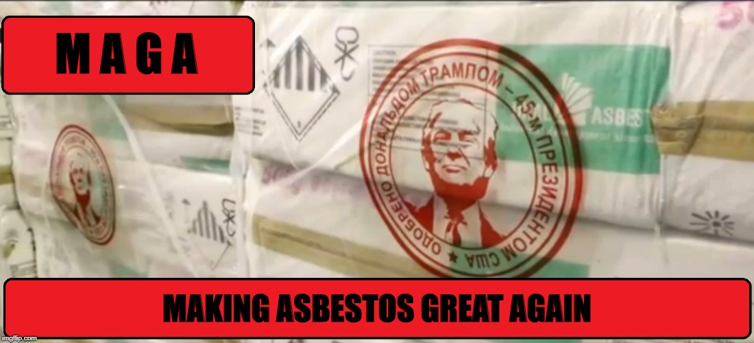 Promise Kept - Now You Can Breathe Easy Again | M A G A; MAKING ASBESTOS GREAT AGAIN | image tagged in trump,maga,asbestos | made w/ Imgflip meme maker