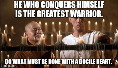 Caine and Master Po | HE WHO CONQUERS HIMSELF IS THE GREATEST WARRIOR. DO WHAT MUST BE DONE WITH A DOCILE HEART. | image tagged in caine and master po | made w/ Imgflip meme maker