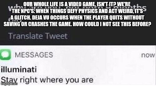 We're in a Video Game | OUR WHOLE LIFE IS A VIDEO GAME, ISN'T IT? WE'RE THE NPC'S. WHEN THINGS DEFY PHYSICS AND ACT WEIRD, IT'S A GLITCH. DEJA VU OCCURS WHEN THE PLAYER QUITS WITHOUT SAVING OR CRASHES THE GAME. HOW COULD I NOT SEE THIS BEFORE? | image tagged in stay right where you are,illuminati,memes,text | made w/ Imgflip meme maker