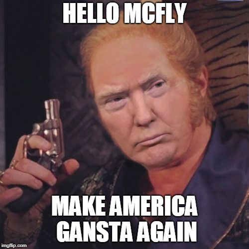 HELLO MCFLY; MAKE AMERICA GANSTA AGAIN | image tagged in back to the past | made w/ Imgflip meme maker