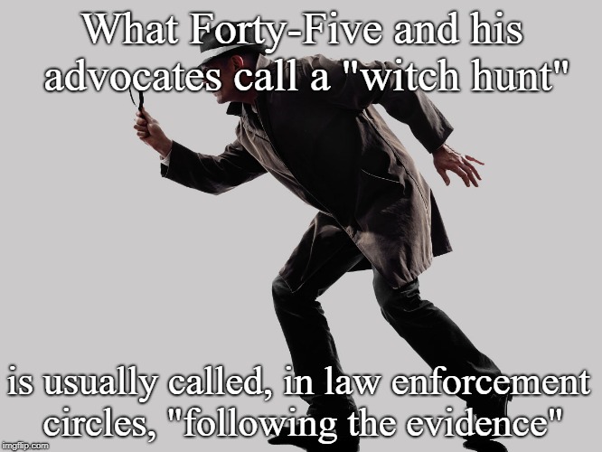 What Forty-Five and his advocates call a "witch hunt"; is usually called, in law enforcement circles, "following the evidence" | image tagged in trump witch hunt | made w/ Imgflip meme maker