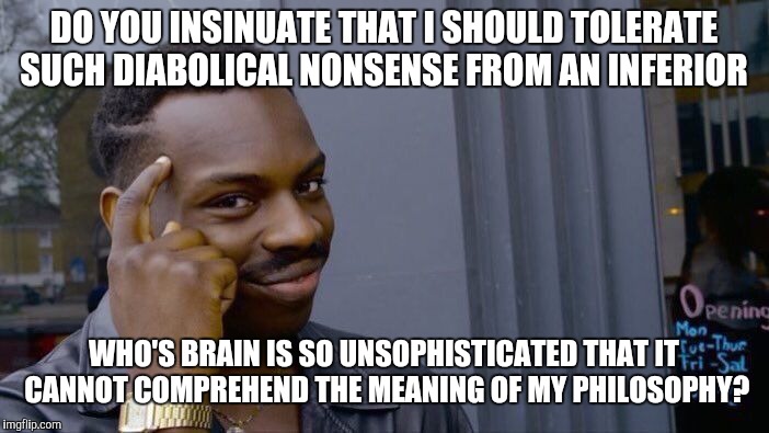 So smrt | DO YOU INSINUATE THAT I SHOULD TOLERATE SUCH DIABOLICAL NONSENSE FROM AN INFERIOR; WHO'S BRAIN IS SO UNSOPHISTICATED THAT IT CANNOT COMPREHEND THE MEANING OF MY PHILOSOPHY? | image tagged in memes,roll safe think about it | made w/ Imgflip meme maker