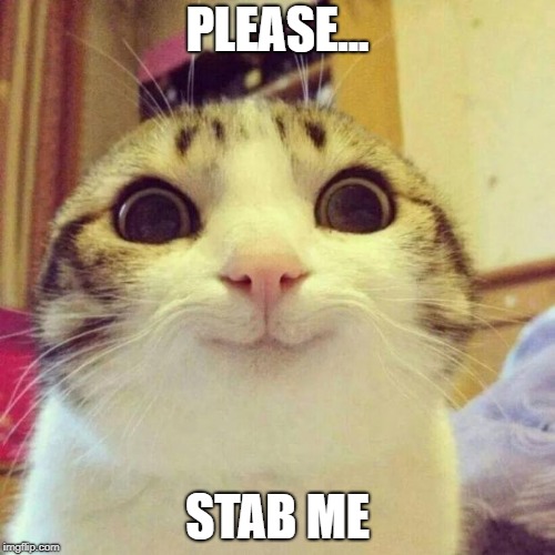 Smiling Cat Meme | PLEASE... STAB ME | image tagged in memes,smiling cat | made w/ Imgflip meme maker