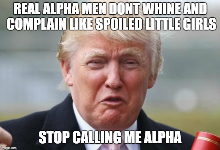 Trump Crybaby | REAL ALPHA MEN DONT WHINE AND COMPLAIN LIKE SPOILED LITTLE GIRLS STOP CALLING ME ALPHA | image tagged in trump crybaby | made w/ Imgflip meme maker