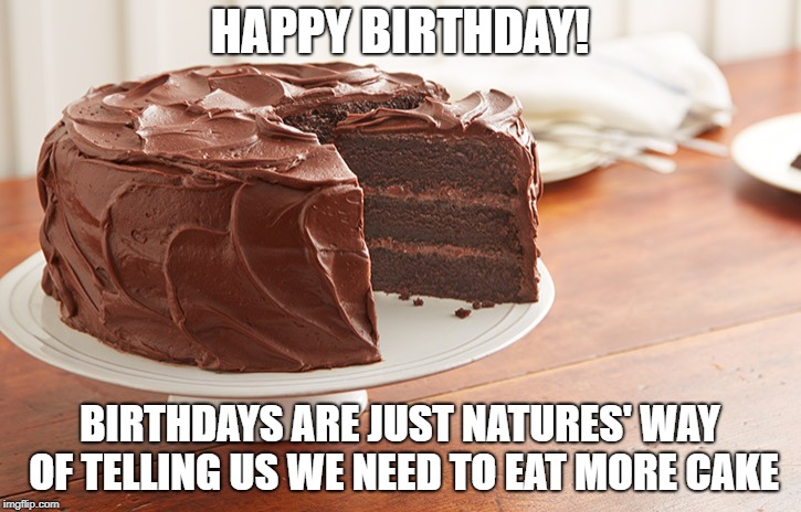 Chocolate Cake | HAPPY BIRTHDAY! BIRTHDAYS ARE JUST NATURES' WAY OF TELLING US WE NEED TO EAT MORE CAKE | image tagged in chocolate cake | made w/ Imgflip meme maker