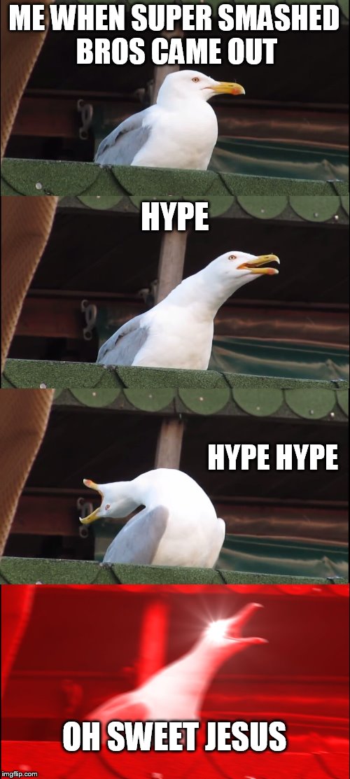 Inhaling Seagull | ME WHEN SUPER SMASHED BROS CAME OUT; HYPE; HYPE HYPE; OH SWEET JESUS | image tagged in memes,inhaling seagull | made w/ Imgflip meme maker