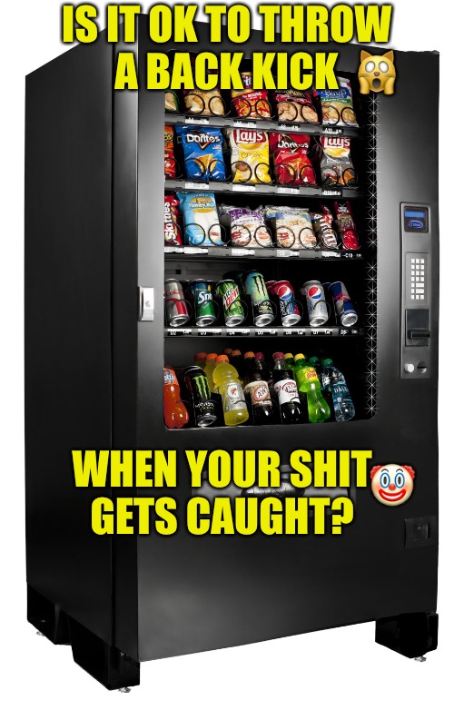 Street Justice  | 🙀; IS IT OK TO THROW A BACK KICK; WHEN YOUR SHIT GETS CAUGHT? 🤡 | image tagged in justice,street fighter,vending machine,ftw,martial arts,kick | made w/ Imgflip meme maker