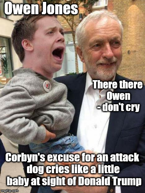 Corbyn's attack dog - Donald Trump | Owen Jones; There there Owen - don't cry; Corbyn's excuse for an attack dog cries like a little  baby at sight of Donald Trump | image tagged in owen jones,party of hate,communist socialist,corbyn eww,mcdonnell abbott,momentum students | made w/ Imgflip meme maker