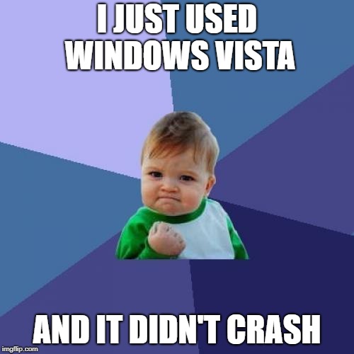 Success Kid Meme | I JUST USED WINDOWS VISTA; AND IT DIDN'T CRASH | image tagged in memes,success kid | made w/ Imgflip meme maker