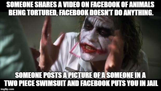 And everybody loses their minds Meme | SOMEONE SHARES A VIDEO ON FACEBOOK OF ANIMALS BEING TORTURED, FACEBOOK DOESN'T DO ANYTHING. SOMEONE POSTS A PICTURE OF A SOMEONE IN A TWO PIECE SWIMSUIT AND FACEBOOK PUTS YOU IN JAIL | image tagged in memes,and everybody loses their minds | made w/ Imgflip meme maker