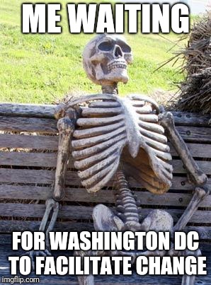 Can't drain a swamp if you are one | ME WAITING; FOR WASHINGTON DC TO FACILITATE CHANGE | image tagged in memes,waiting skeleton | made w/ Imgflip meme maker