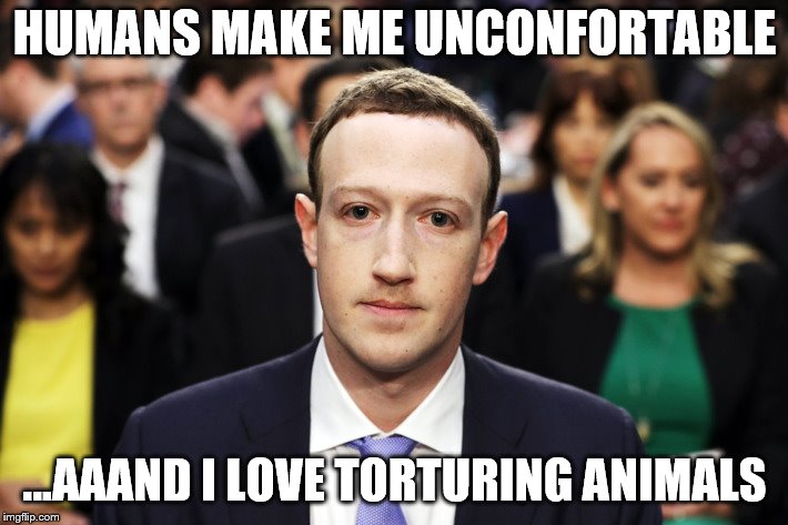 Mark Zuckerberg | HUMANS MAKE ME UNCONFORTABLE ...AAAND I LOVE TORTURING ANIMALS | image tagged in mark zuckerberg | made w/ Imgflip meme maker
