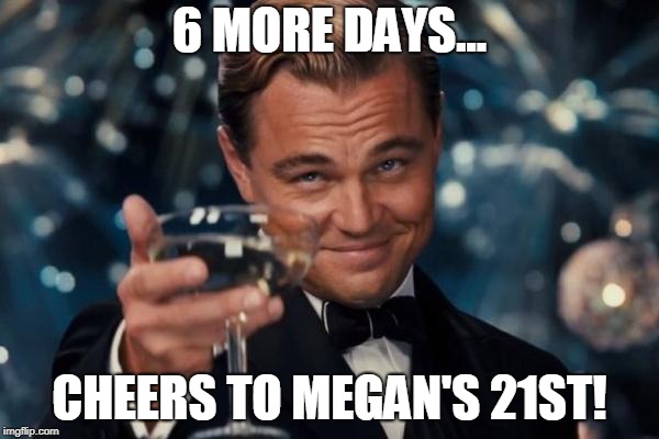 Leonardo Dicaprio Cheers Meme | 6 MORE DAYS... CHEERS TO MEGAN'S 21ST! | image tagged in memes,leonardo dicaprio cheers | made w/ Imgflip meme maker