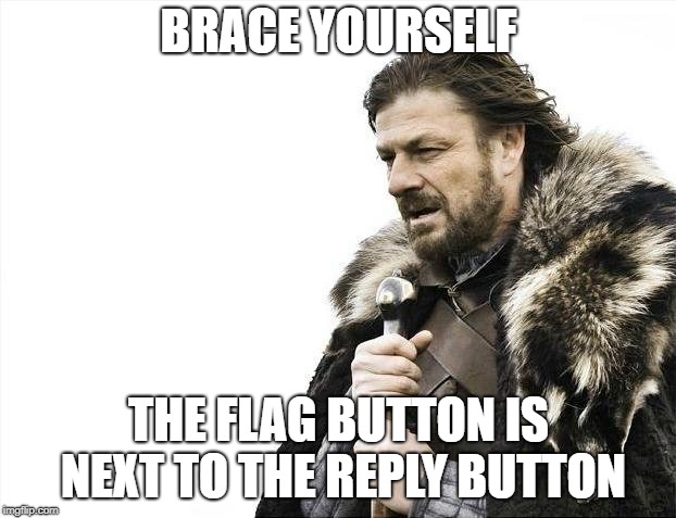 Brace Yourselves X is Coming Meme | BRACE YOURSELF THE FLAG BUTTON IS NEXT TO THE REPLY BUTTON | image tagged in memes,brace yourselves x is coming | made w/ Imgflip meme maker