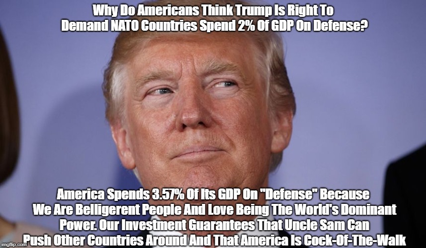 Why Do Americans Think Trump Is Right To Demand NATO Countries Spend 2% Of GDP On Defense? America Spends 3.57% Of Its GDP On "Defense" Beca | made w/ Imgflip meme maker