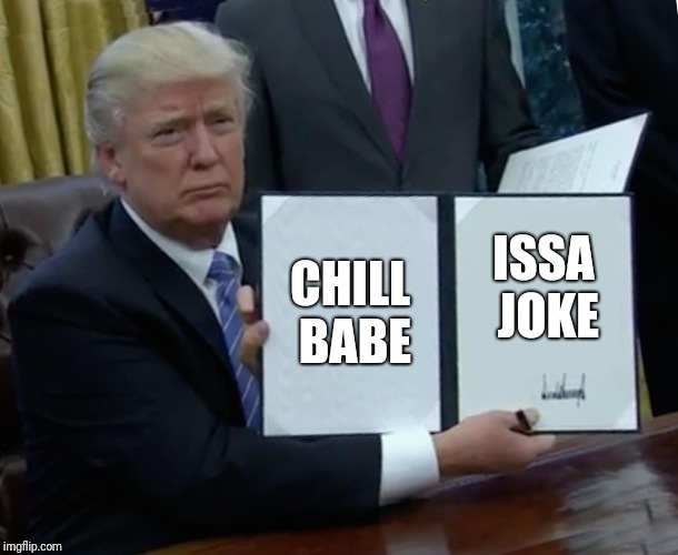 Trump Bill Signing Meme | CHILL BABE; ISSA JOKE | image tagged in memes,trump bill signing | made w/ Imgflip meme maker