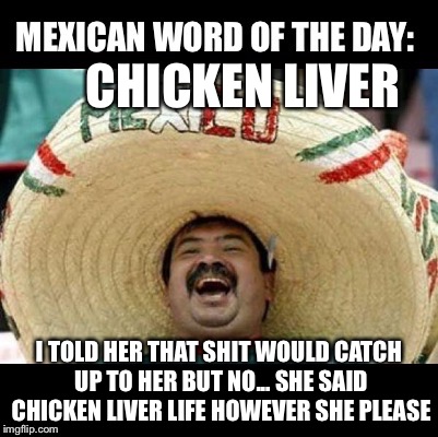 Mexican Word of the Day (LARGE) | CHICKEN LIVER; I TOLD HER THAT SHIT WOULD CATCH UP TO HER BUT NO... SHE SAID CHICKEN LIVER LIFE HOWEVER SHE PLEASE | image tagged in mexican word of the day large | made w/ Imgflip meme maker